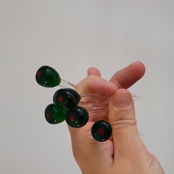 6 Vintage Glass Olive Appetizer Picks, Bar Ware, 4" Green Olive Drink Sticks - Picture 3 of 8
